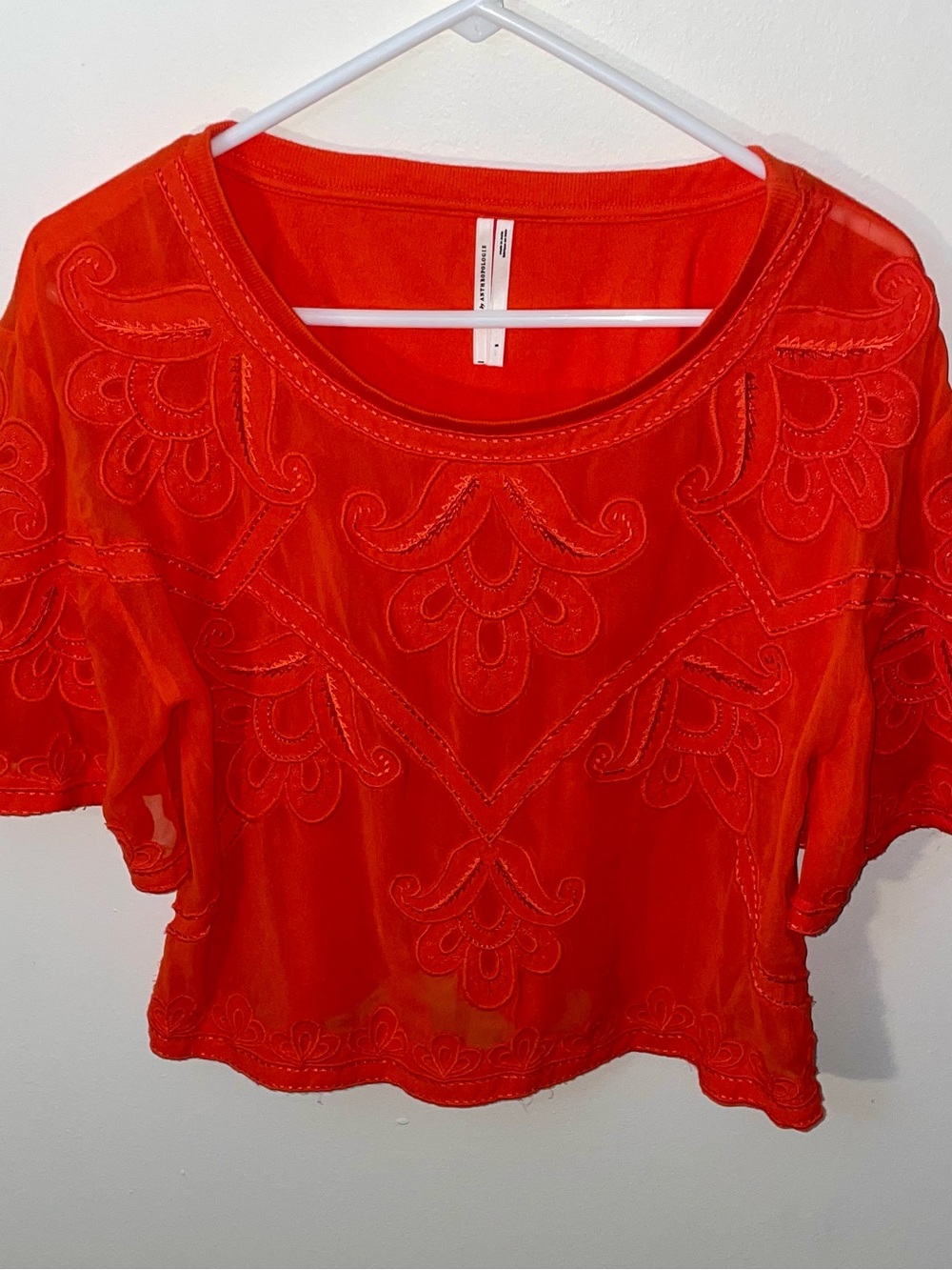 Anthropologie Women’s Rust Orange Sheer Embroidered Boxy Top - Picture 7 of 13
